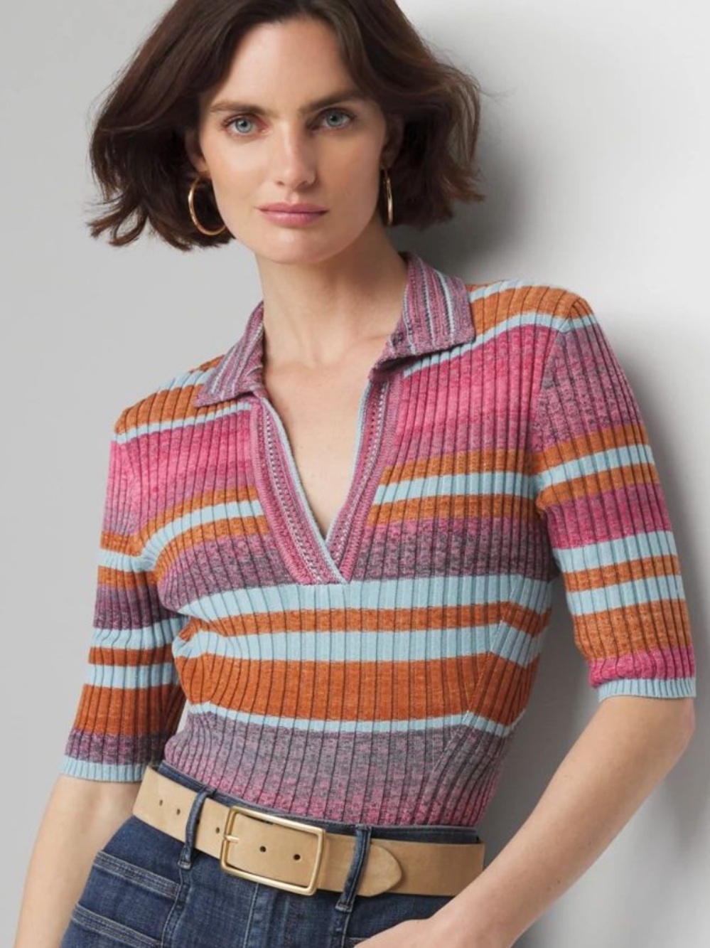 White House Black Market Ribbed V‑Neck Striped Knit Sweater Medium